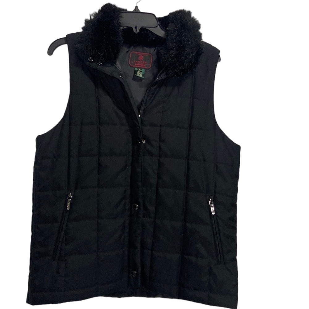 Lauren Ralph Lauren Vest Womens M Medium Black Sleeveless Quilted Faux Fur